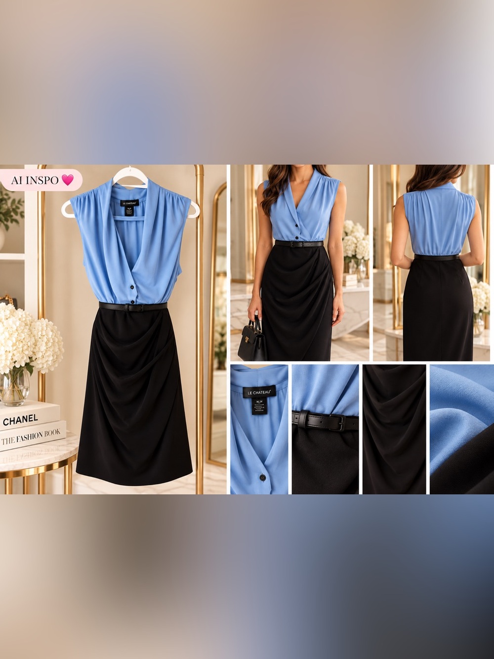 Le Château Light Blue & Black Draped Faux-Wrap Belted Midi Dress